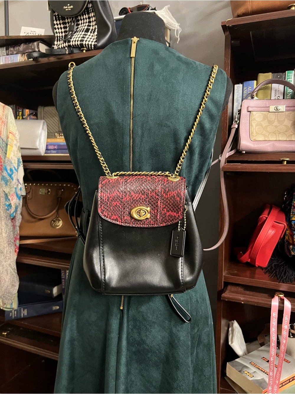 Coach Parker Black Leather Backpack with Red Python-Print Flap and Gold Hardware - Picture 3 of 7